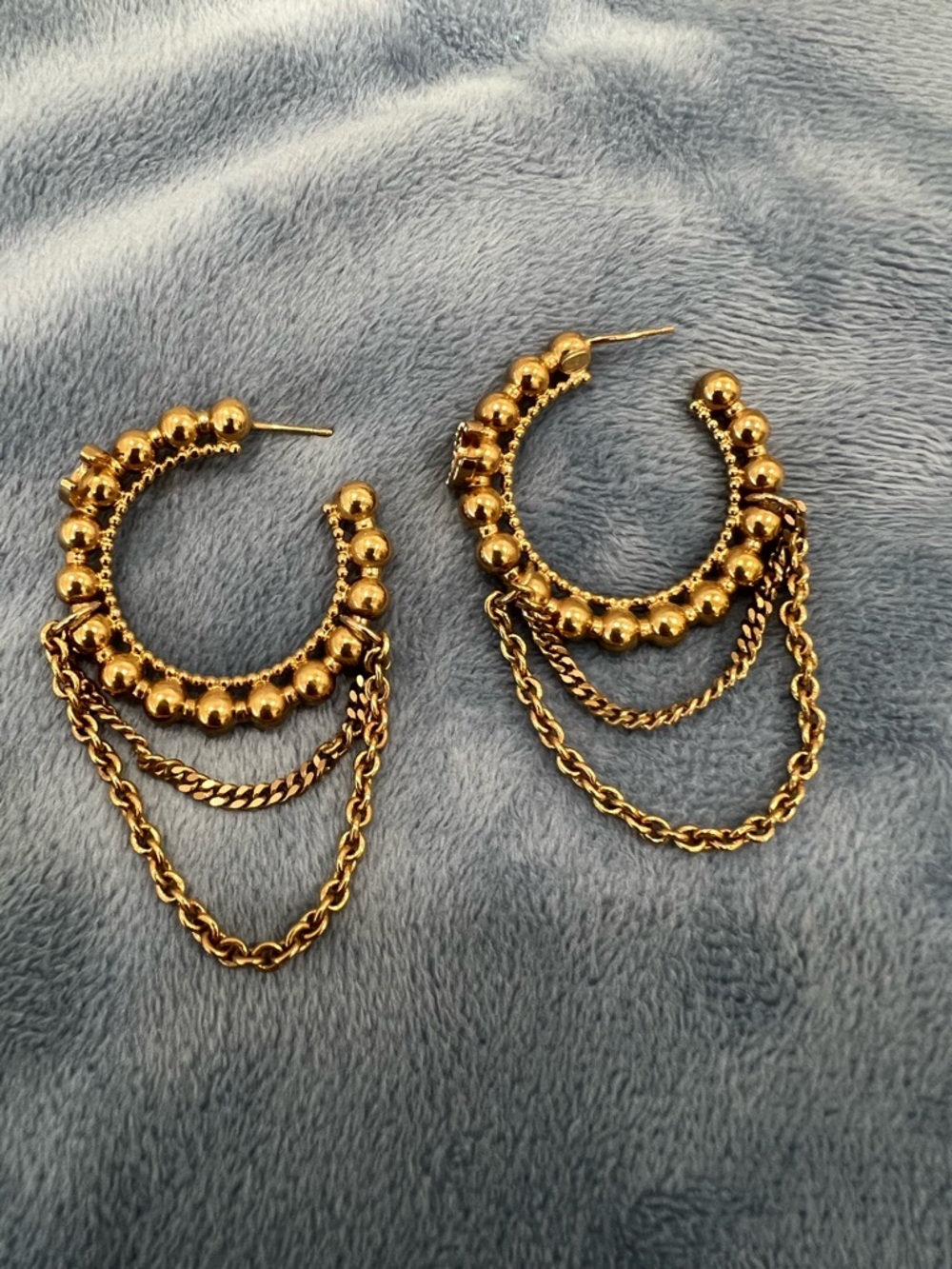 CHANEL Gold Metal Crystal Bead Chain CC Hoop Earrings - Picture 3 of 5
